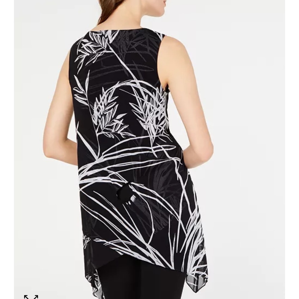 ALFANI Tunic Mesh Black White Palm Print Handkerchief Hem Petite Small PS SP $60 - Picture 2 of 11